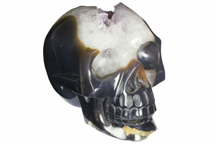 Polished Banded Agate Skull with Amethyst Crystal Pocket #148127